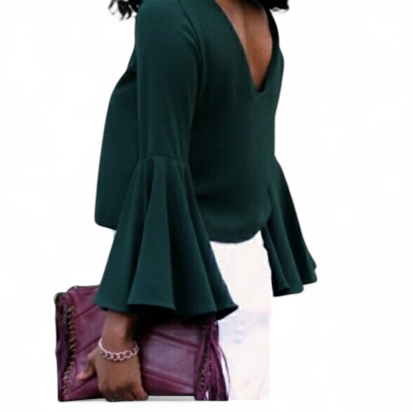 Zara Hunter Green Bell Sleeve Blouse - Picture 2 of 8